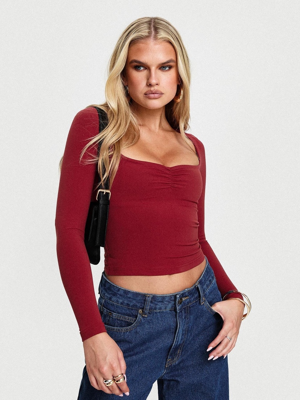Princess Polly Red Square-Neck Long Sleeve Top